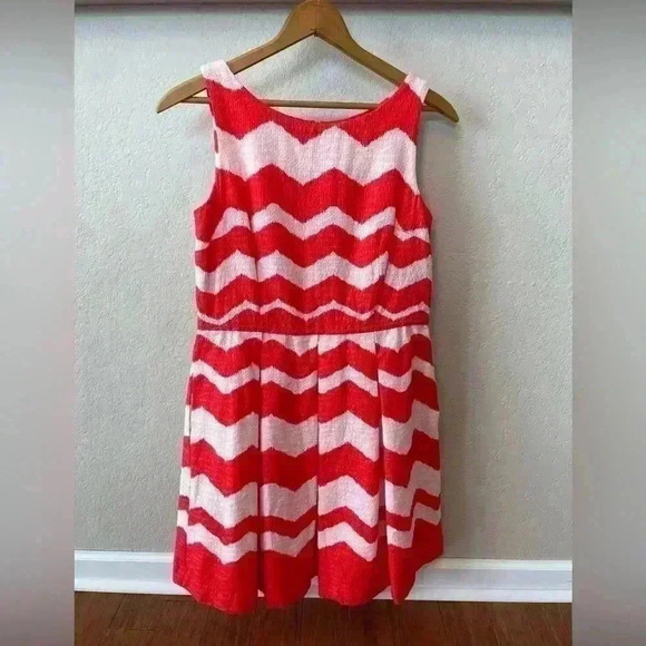Just… Taylor Red Pink Pleated Flare Chevron Dress Pockets Women’s 12 - Picture 1 of 11